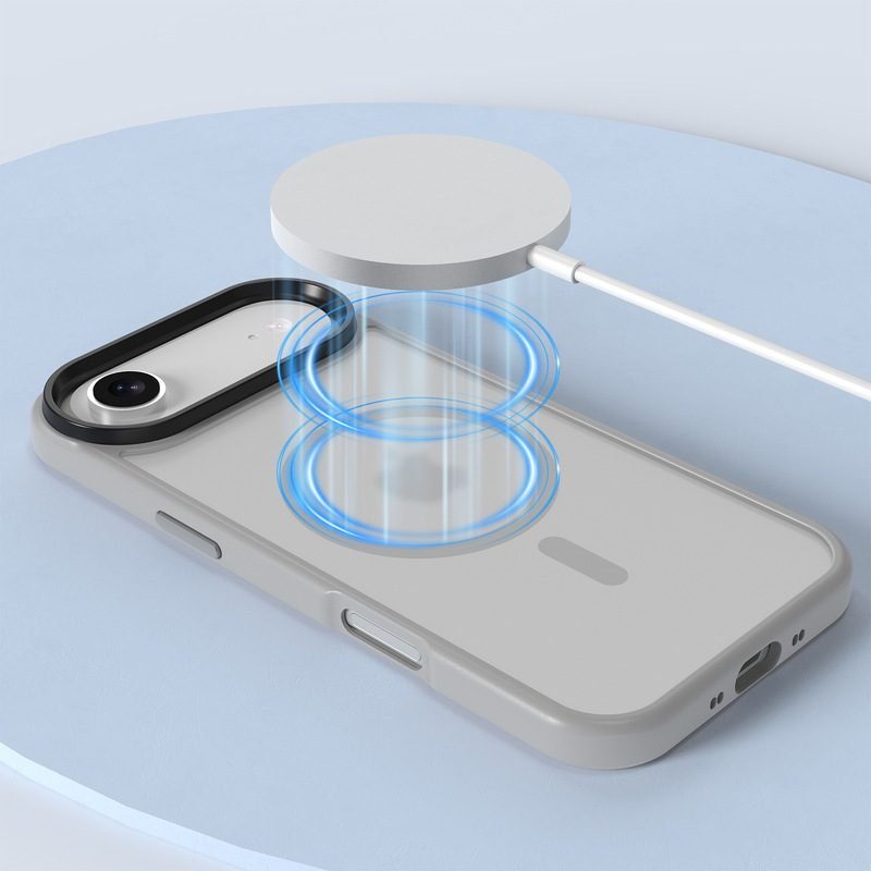 Silver Gray iPhone Air case with magnetic wireless charger attached