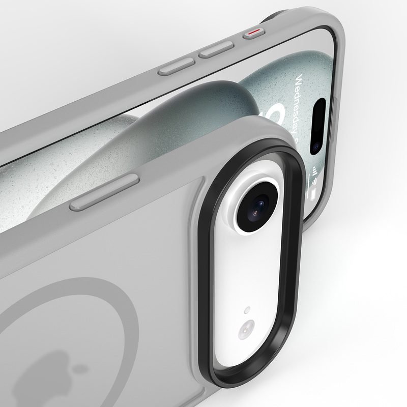 Camera protection and side button detail of silver gray iPhone Air case