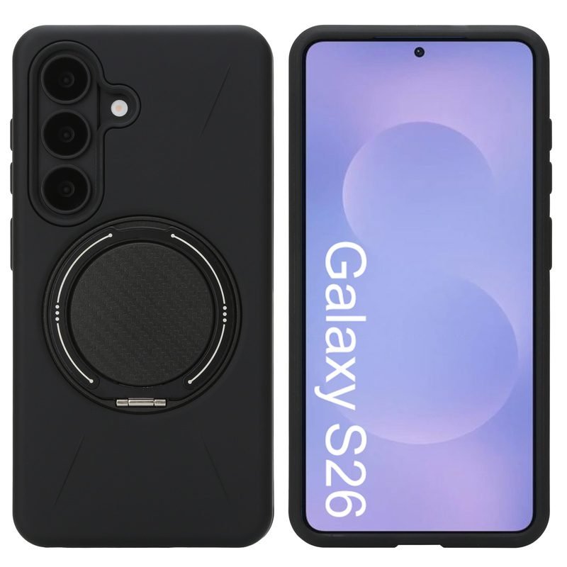 Custom Ring Stand Phone Case for Samsung Galaxy S26 in Black Front and Back View