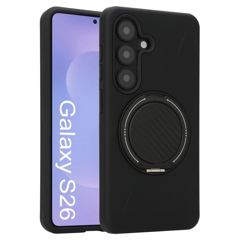 Custom Ring Stand Phone Case for Samsung Galaxy S26 in Black Front and Rear Angle View