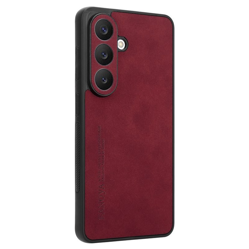 Custom Leather Wrapped Phone Case for Samsung Galaxy S26 in Red Rear Angle View