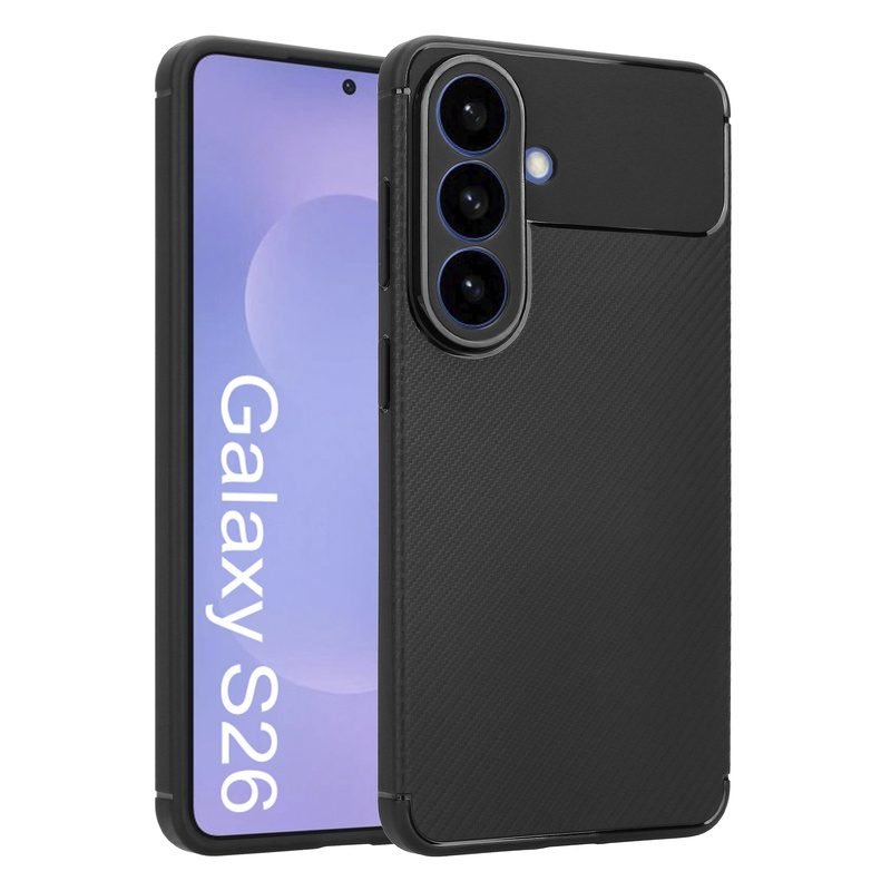 Custom Carbon Fiber TPU Phone Case for Samsung Galaxy S26 in Black Front and Back View