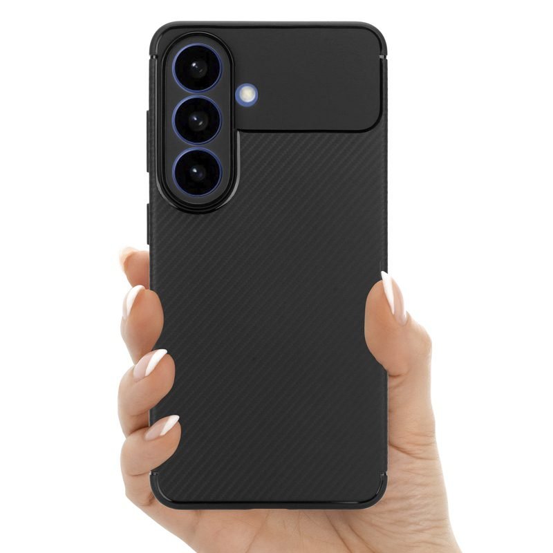 sj20-5-custom-carbon-fiber-tpu-phone-case-for-samsung-galaxy-s26-black-handheld-view Custom Carbon Fiber TPU Phone Case for Samsung Galaxy S26 in Black Handheld View