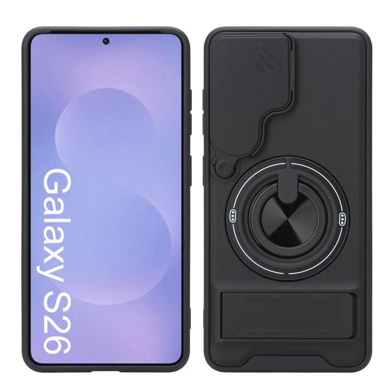 Custom Camera Lens Cover Kickstand Phone Case for Samsung Galaxy S26 in Black Front and Back View