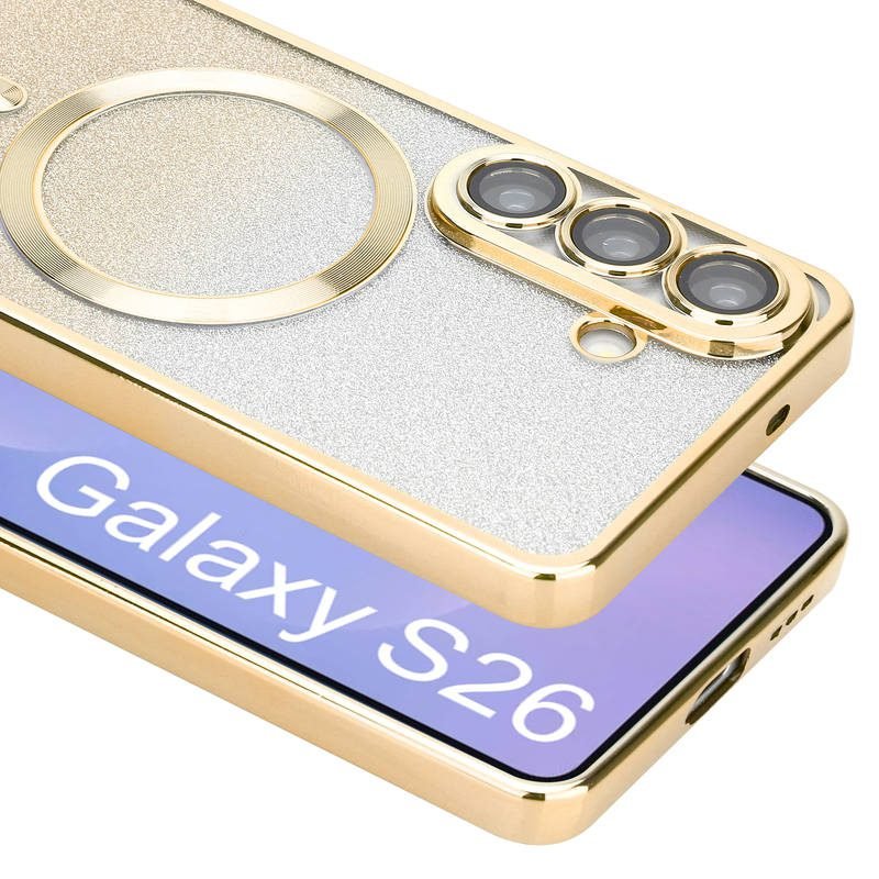 Custom Glitter Electroplated Magnetic Phone Case for Samsung Galaxy S26 in Gold Camera and Port Detail