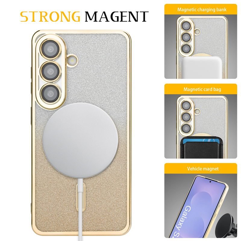 Custom Glitter Electroplated Magnetic Phone Case for Samsung Galaxy S26 in Gold Magnetic Wireless Charging