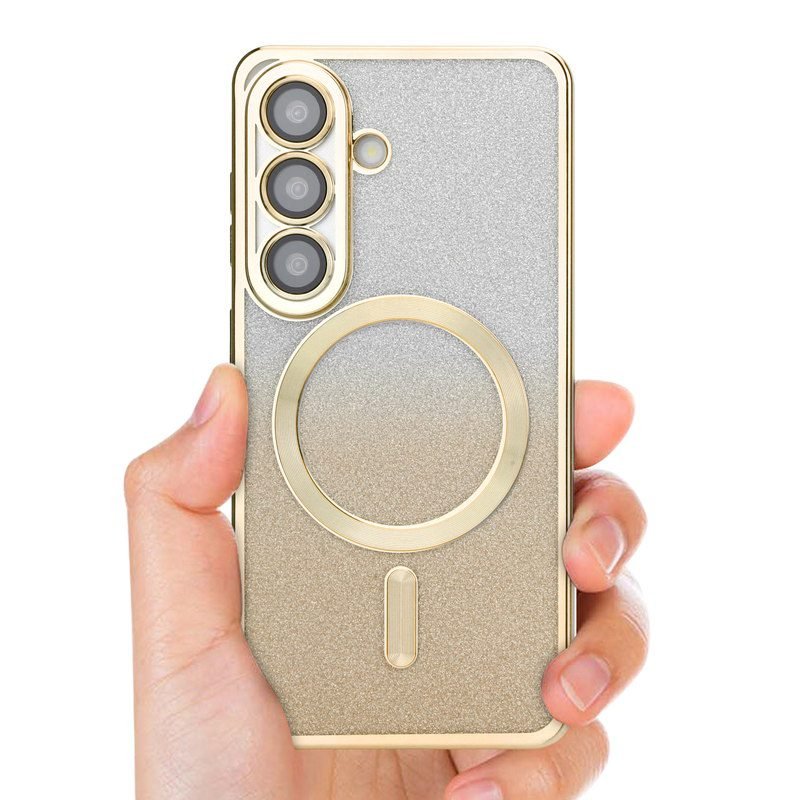 Custom Glitter Electroplated Magnetic Phone Case for Samsung Galaxy S26 in Gold Handheld View