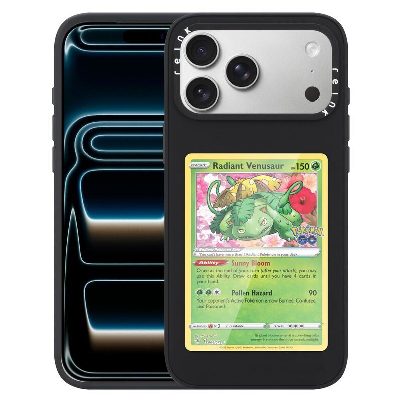 Replaceable Trading Card Display Case for iPhone 17 Pro Max in Black Front and Back View