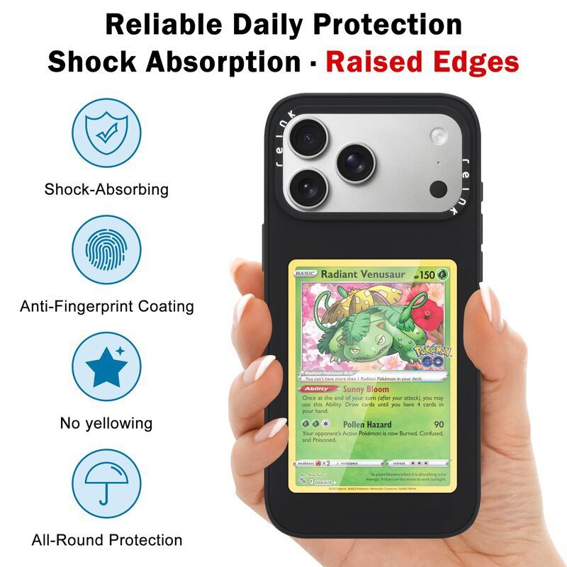 sj62-3-replaceable-trading-card-display-case-apple-iphone-17-pro-max-black-shock-absorption-and-raised-edge-protection Black Trading Card Display Case for iPhone 17 Pro Max with Shock Absorption and Raised Edge Protection