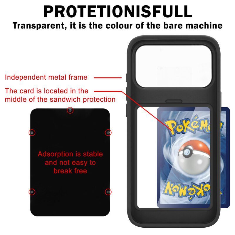 sj62-4-replaceable-trading-card-display-case-apple-iphone-17-pro-max-black-magnetic-metal-frame-card-holder Black Trading Card Display Case for iPhone 17 Pro Max with Magnetic Metal Frame Card Holder