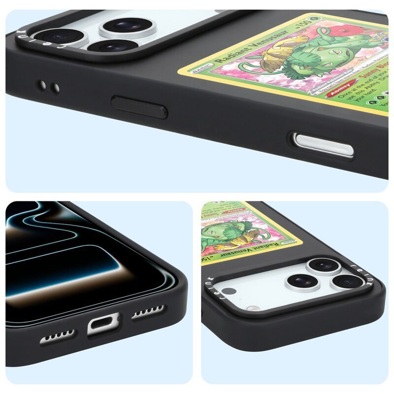 sj62-6-replaceable-trading-card-display-case-apple-iphone-17-pro-max-black-button-port-and-camera-details Black Trading Card Display Case for iPhone 17 Pro Max with Button Port and Camera Protection Details