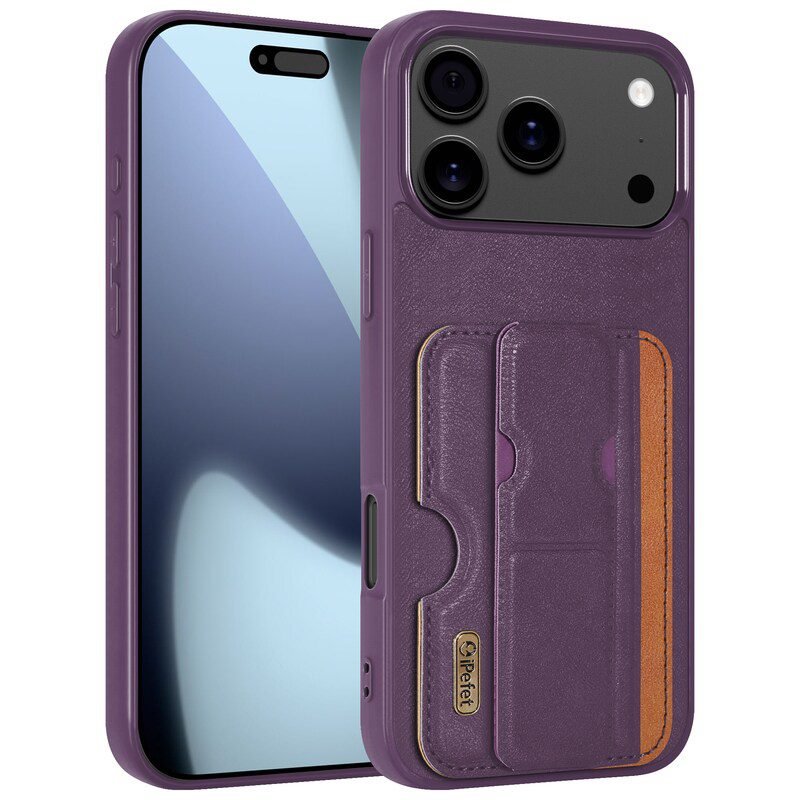 Wallet Card Holder Kickstand Case for iPhone 17 Pro Max in Purple Front and Back View