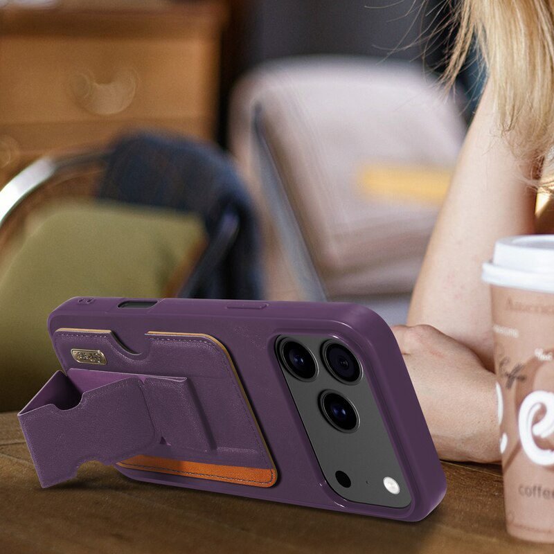 sj63-2-5-wallet-card-holder-kickstand-case-apple-iphone-17-pro-max-purple-horizontal-kickstand-lifestyle Wallet Card Holder Kickstand Case for iPhone 17 Pro Max in Purple Horizontal Kickstand Lifestyle View