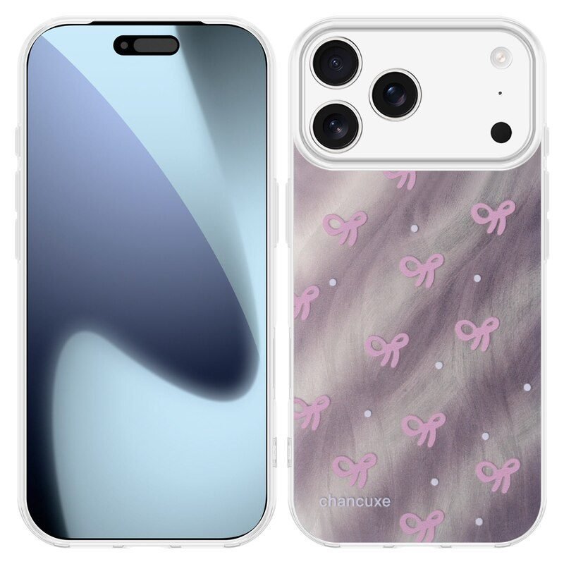 Patterned Feather Yarn Clear Protective Case for iPhone 17 Pro Max with Pink Bow Design Front and Back View
