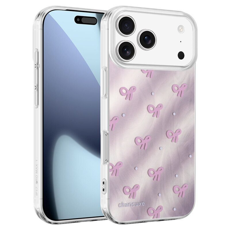 Pink Bow Patterned Feather Yarn Clear Protective Case for iPhone 17 Pro Max Front and Back Angle View
