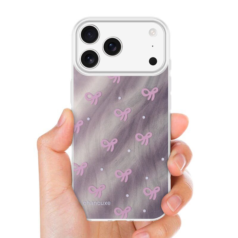 Pink Bow Patterned Feather Yarn Clear Case for iPhone 17 Pro Max Handheld Back View