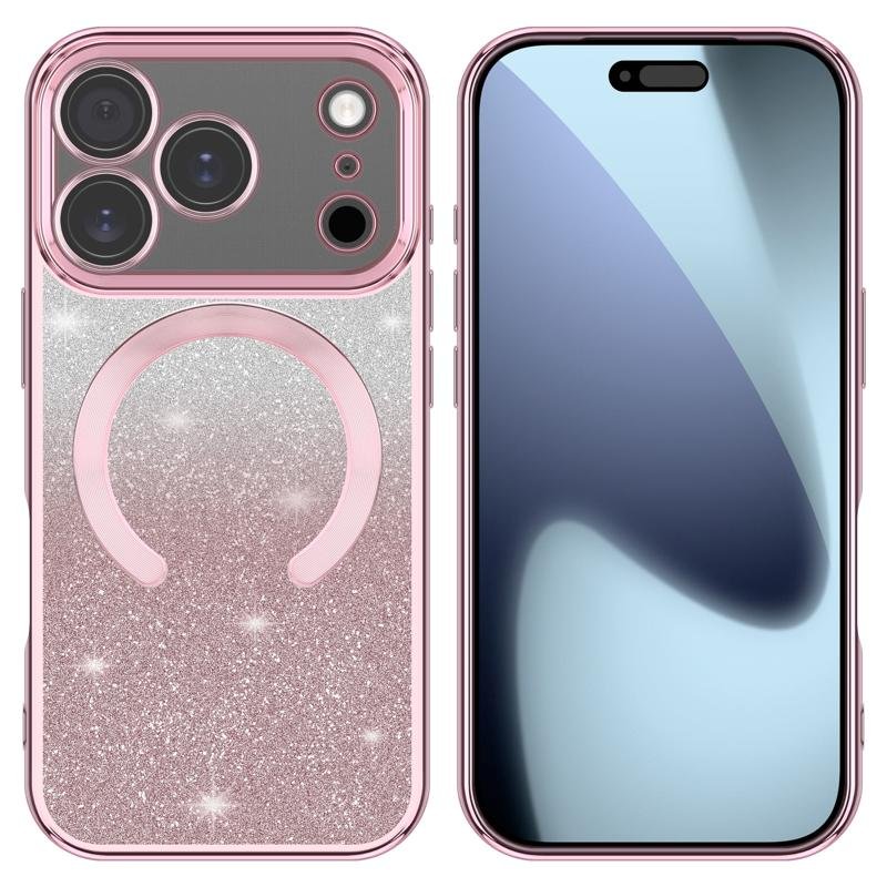 Custom Magnetic Glitter Electroplated Phone Case for iPhone 17 Pro in Pink Front and Back View