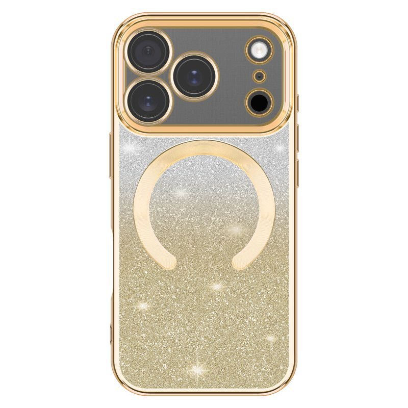 Custom Magnetic Glitter Electroplated Phone Case for iPhone 17 Pro Gold with Wireless Charging Support