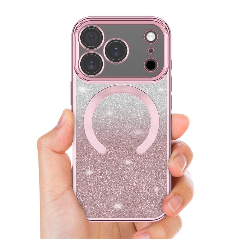 Custom Magnetic Glitter Electroplated Phone Case for iPhone 17 Pro in Pink Lifestyle Display