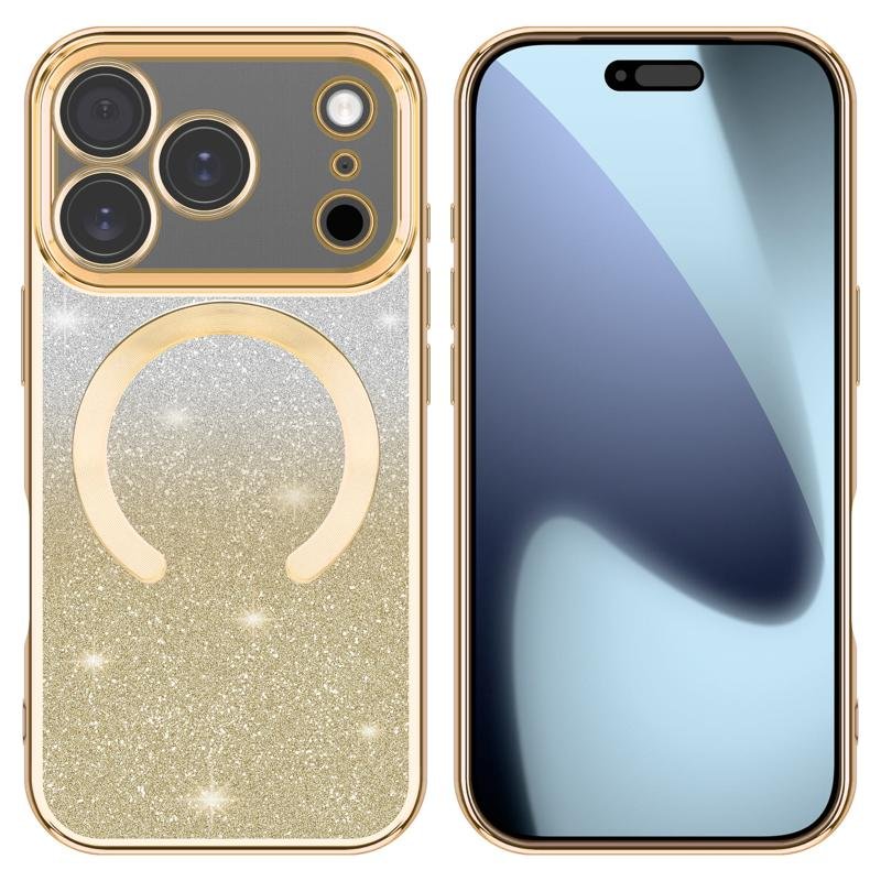 Custom Magnetic Glitter Electroplated Phone Case for iPhone 17 Pro in Gold Front and Back View