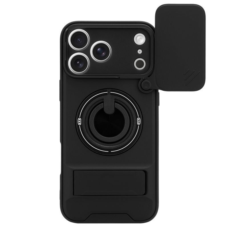 Custom Camera Cover Stand Case for iPhone 17 Pro Max in Black Front and Back View
