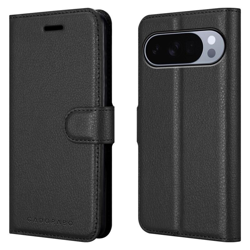 Black leather wallet phone case for Google Pixel 10 Pro XL in front and back view