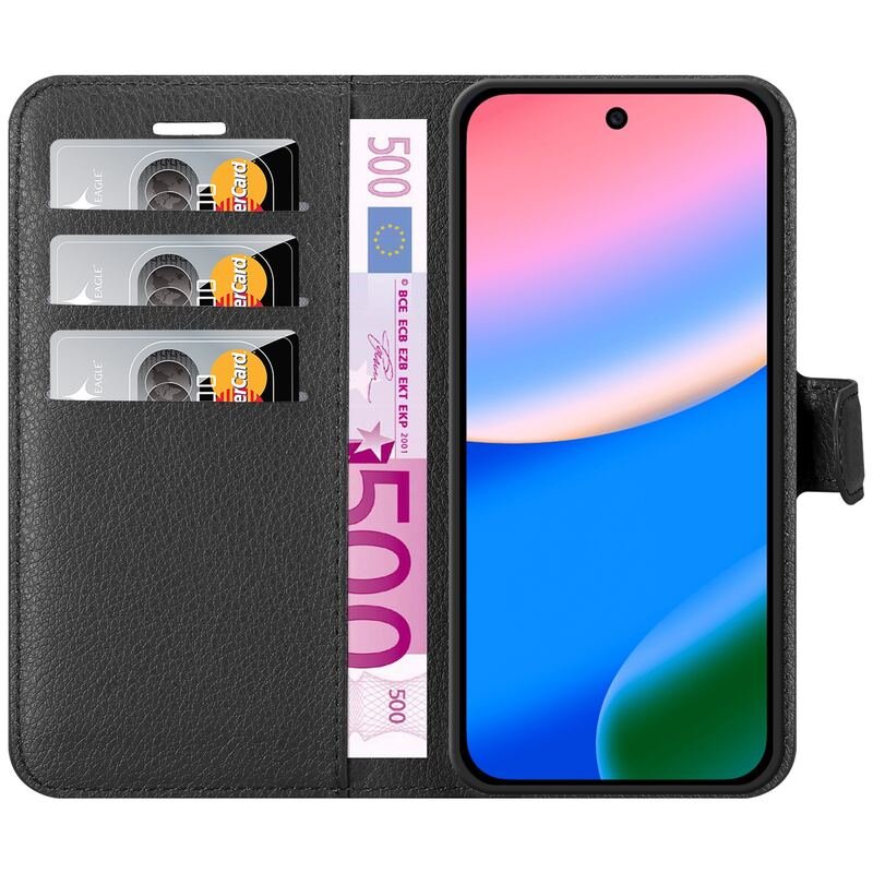 Black lychee grain leather wallet case for Google Pixel 10 with open interior storage view