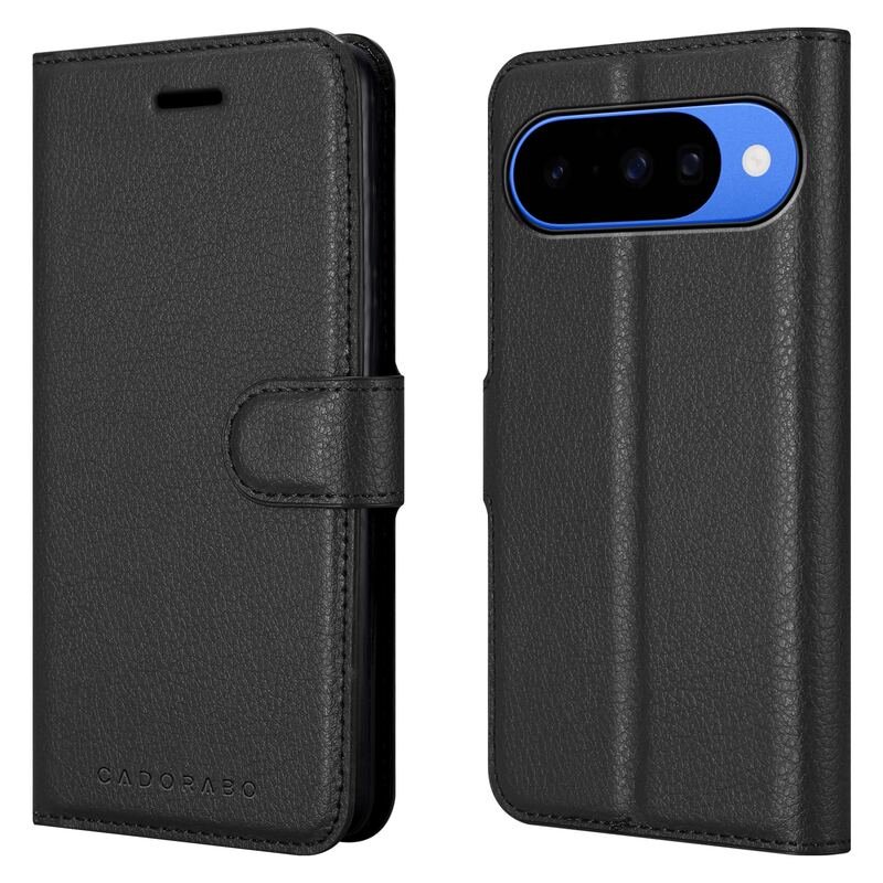 Black leather wallet phone case for Google Pixel 10 shown from front and back