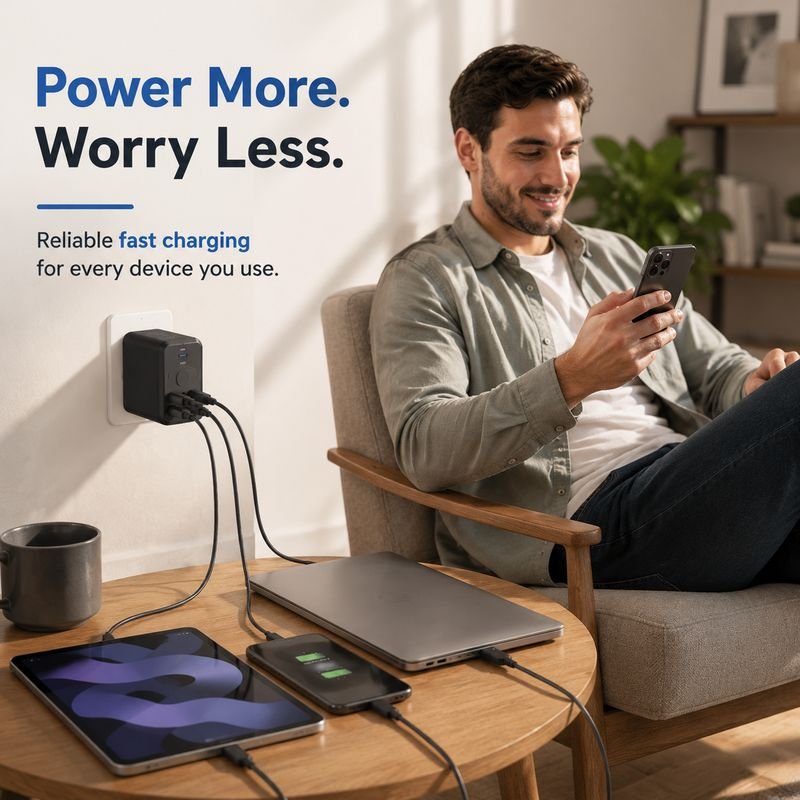 100W GaN charger powering laptop smartphone and tablet in modern home lifestyle scene