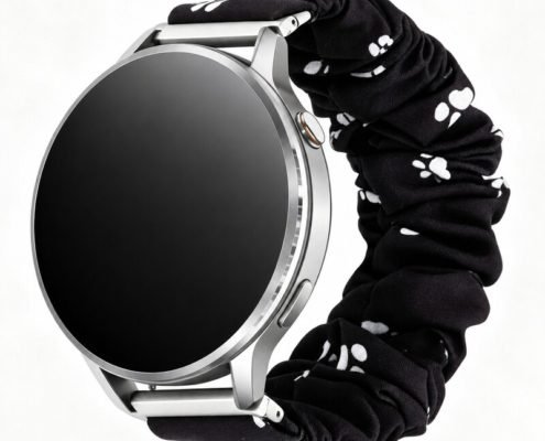 bd6-9-custom-plush-scrunchie-watch-band-for-samsung-galaxy-watch-7-black-paw-print-front-angle-view Custom Plush Scrunchie Watch Band for Samsung Galaxy Watch 7 Black Paw Print Front Angle View