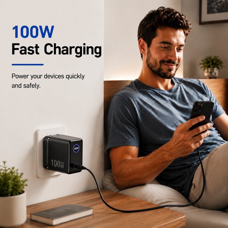 100W 3 Port PD wall charger charging smartphone laptop and multiple devices