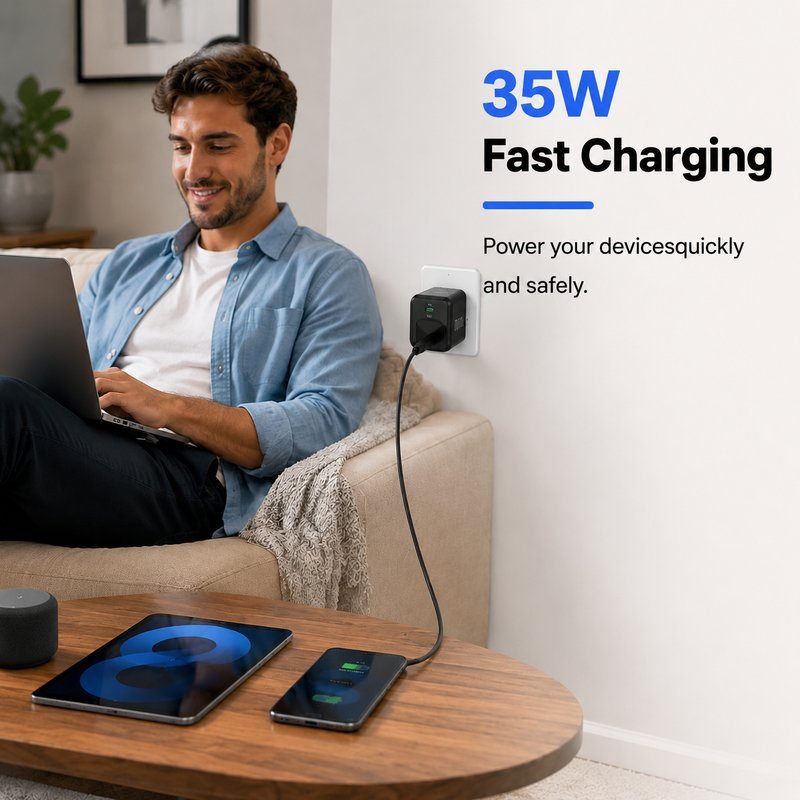 35W 2 Port PD wall charger with UK plug fast charging devices in modern home scene