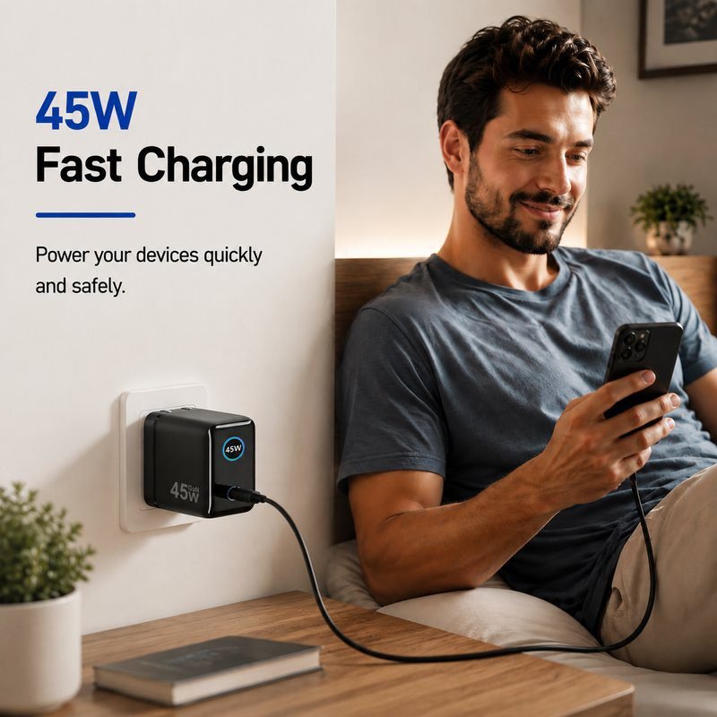 45W 1 Port PD wall charger fast charging smartphone in modern home lifestyle scene