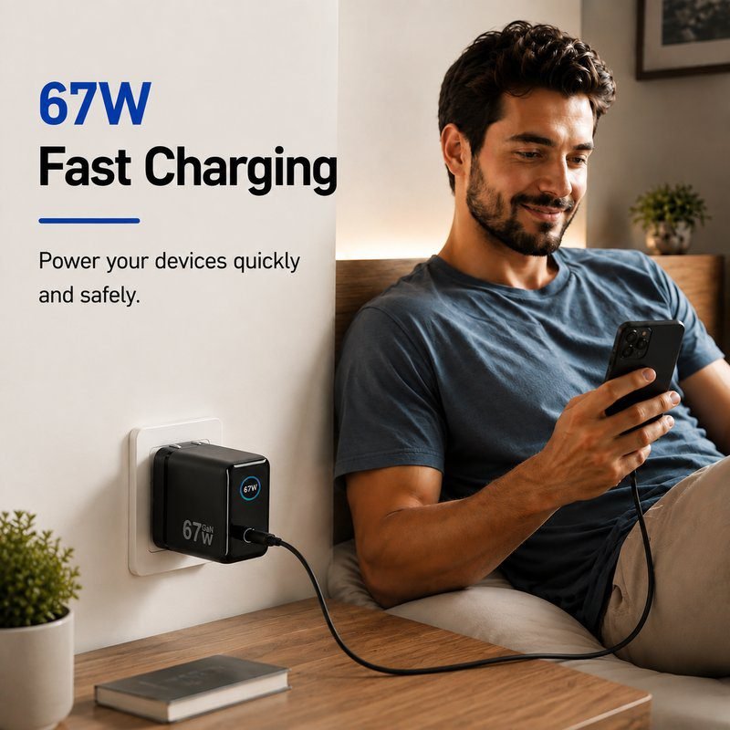 custom-67w-2-port-pd-wall-charger-lifestyle 67W 2 Port PD wall charger powering smartphone with fast charging technology