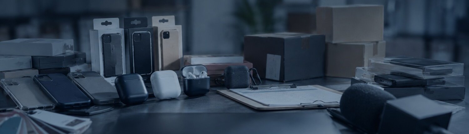 Custom phone cases, wireless earbuds, and packaging boxes displayed on a desk.