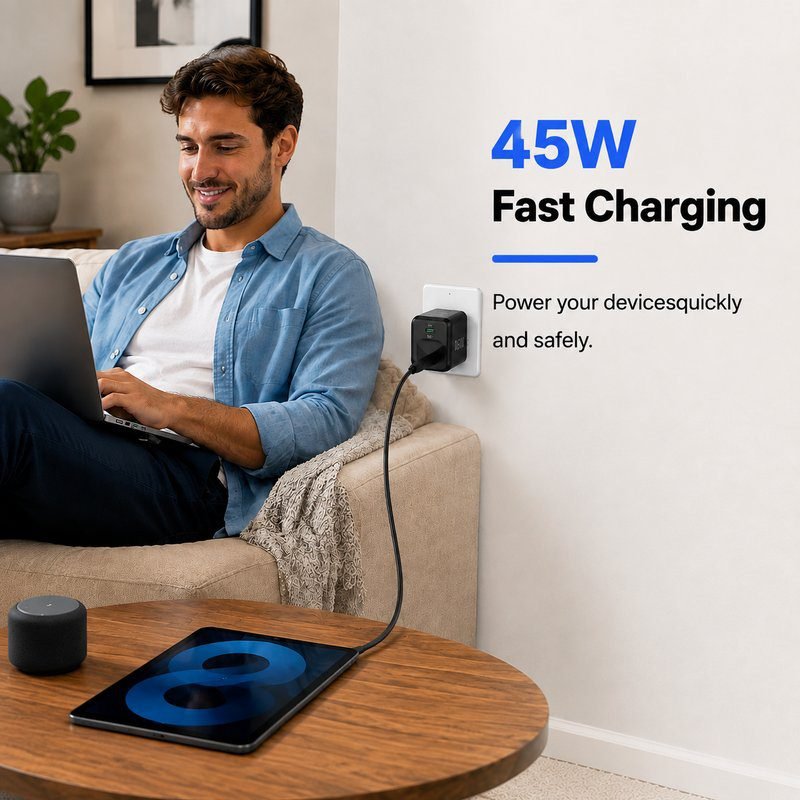 45W 2 Port PD wall charger with UK plug providing fast charging in home lifestyle scene