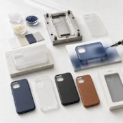 Phone case manufacturing process showing raw materials, molding, surface finishing, and finished cases