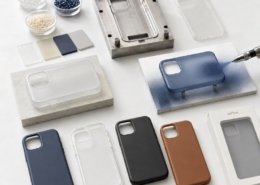 Phone case manufacturing process showing raw materials, molding, surface finishing, and finished cases