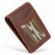 Angled view of camouflage cowhide bifold wallet with money clip