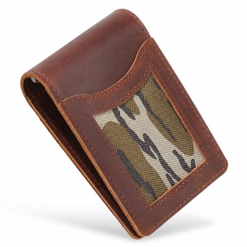 Angled view of camouflage cowhide bifold wallet with money clip