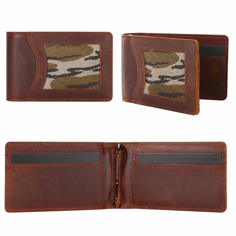 pj1-4-custom-camouflage-cowhide-bifold-wallet-with-money-clip-exterior-and-interior-layout-oem Exterior and interior layout of camouflage cowhide bifold wallet