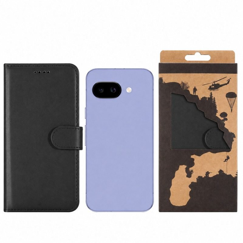 Custom black Google Pixel 10a leather wallet case with retail packaging