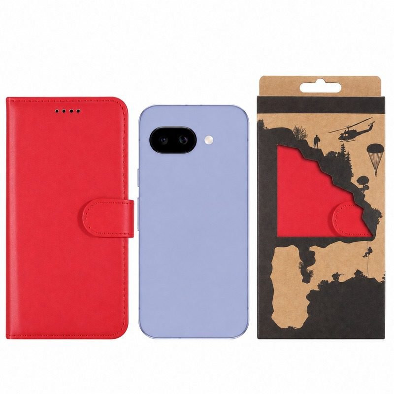 Custom red Google Pixel 10a leather wallet case with retail packaging