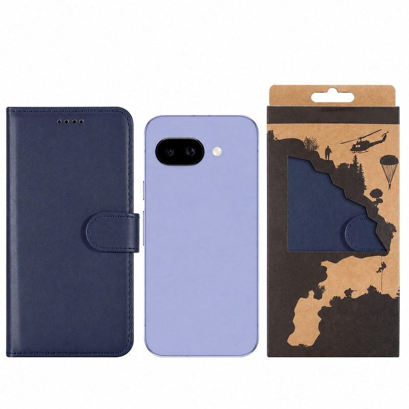Custom blue Google Pixel 10a leather wallet case with retail packaging